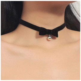 Cimenexe Punk Black Ribbon Velvet Bow Necklace Silver Bell Collar Necklace Black Bow Tie Suede Choker Necklace Black Satin Choker Necklace Jewellery for Women and Girls