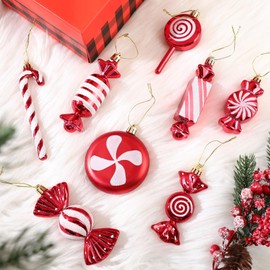 Leyndo 24 Pcs Christmas Candy Hanging Ornament Candy Cane Christmas Tree Decoration Peppermint Lollipop Christmas Decor Glitter Christmas Ornament for Home Christmas Party Favor (Red)