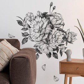 Runtoo Wall Tattoo Flowers Black Wall Sticker Large Peonies Blossoms Wall Sticker Living Room Bedroom Children's Room Baby Room Wall Decoration