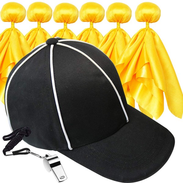 6 Penalty Flag Football Flags, 1 Referee Hat Black with White, 1 Referee Stainless Steel Whistle with Lanyard, Sports Fan Set for Football Games Party Accessory