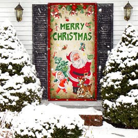 Vintage Christmas Decorations Merry Christmas Door Cover Backdrop with Santa Claus Elk Christmas Tree Hanging Banner for New Year Indoor Outside Front Door Party Supplies