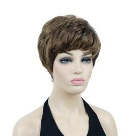 Lydell Short Straight Fluffy Full Synthetic Wigs with Bangs for Women Girls Golden Brown
