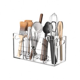 Hexsonhoma Clear Acrylic Utensil Holder for Kitchen Counter, Utensils Cooking Tools Storage Organizer, Moisture-proof, 11.8x4.8x6 Inch