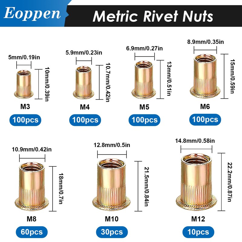 Eoppen 1000Pcs SAE & Metric Rivet Nuts Assortment Kit 6-32,