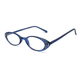 Womens Rhinestone Studded Oval Cat Eye Reading Glasses with Hard Case Blue +2.0