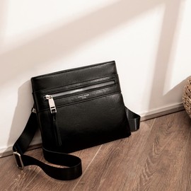 David Jones - Men's Crossbody Bag - Shoulder Bag Nylon PU Leather Small Size - Messenger Bag Multi Pockets - Handbag Purse Phone Wallet Sport Work Business Classic City Fashion - Black Faux Leather