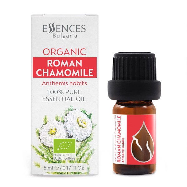 Essences Bulgaria Organic Roman Chamomile Essential Oil 5 ml, Anthemis nobilis, 100% Natural, Undiluted, Organic Certified, Top Quality from Family Business, No Genetic Engineering, Vegan