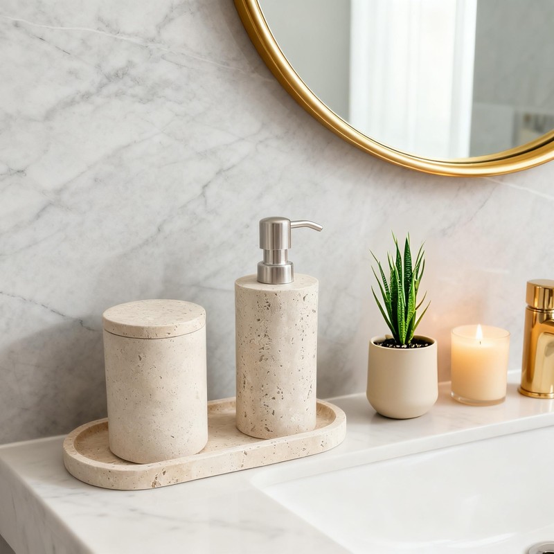 Jusmioke Natural Travertine Marble Soap Dispenser with Stainless Steel Pump,