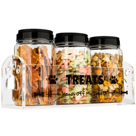 Aizesuro Acrylic Dog Treat Container - Cat Storage with 3 Big Plastic Jars - Pet Food Organizer