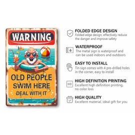 Warning Old People Swim Here Metal Tin Sign Pool Rules Retro Sign Pool Poster for Farmhouse Swimming Pool Home Wall Decor Indoor/Outdoor Use Metal Sign 8x12 Inch