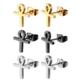 Flongo 3 Pairs Ankh Cross Stud Earrings Set Egyptian Cross Earrings Silver Gold Black Stainless Steel Ankh Earrings Stud for Women Men Girls, Stainless Steel