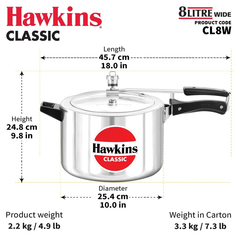 Hawkins Classic 8 Litre Aluminium Inner Lid Pressure Cooker, Wide