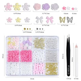 Nail Charms and Gems Kit - Cute Multi Shapes 3D Bow Flower Pearl Nail Charms Jewelry with Picker Tools - Kawaii Nail Art Charms for Junk Cases Kit Nails Design Supplies Decor DIY Accessories（06）