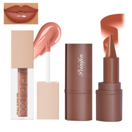 HOSAILY 2 in 1 Gradient Brown Lip Liner&Plumping Lip Gloss Set, Hydrating Mirrored Smooth Lip Glow Oil, High Shine Lip Tint Moisturizing Liquid Lipstick, Glossy Lip Combo for Women(#8stone+#4toffee)