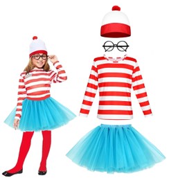 Lizzy Wally Girls Fancy Dress Costume | Red & White Striped T-Shirt, Red & White Hat, Glasses & Plain Tutu | Kids Girls Fancy Dress For World Book Week Day (Large 10-12 Sky Blue)