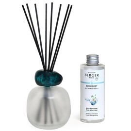 MAISON BERGER - Reed Diffuser - Model Mineral - Scented Bouquet with 6 Reed Sticks - 3.15 x 3.15 x 9.45 inches - 6 Fluid Ounces Lampe Berger Home Fragrance Bottle (Frosted Emerald - Bleu Seduction)