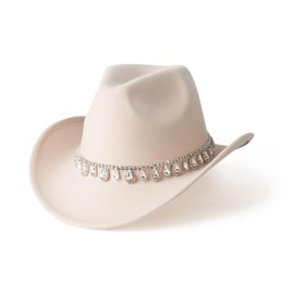 EOGIMI Glitter Rhinestones Cowboy Hats for Women Wide Brim Felt Western Cowgirl Hat with Bling Diamond Band Beige-Tassel Band