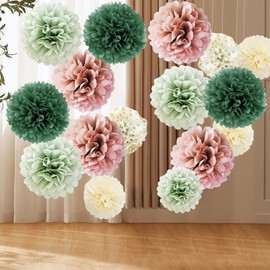 Colourful Tissue Paper Pompoms, Pack of 16 Party Decoration Pompoms Set, Sage Green, Pink, Olive Green, Beige Hanging Paper Pompoms for Wedding Decoration, Table Decoration, Birthday Decoration