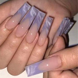 French Tip Press On Nails Long Square Fake Nails With Gradient Design Purple False Nails Full Cover Artificial Nails Glossy Acrylic Press Ons Glue On Nails Stick On Nails For Women Manicure 24pcs