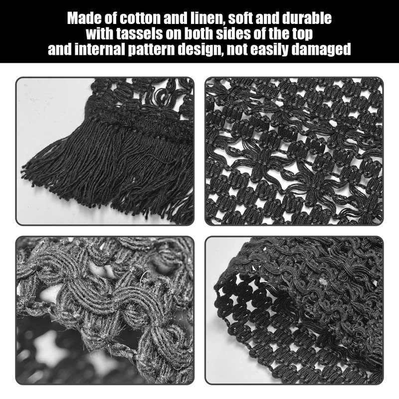 1 Piece Black Cotton And Linen Table Runner, Woven Tassel