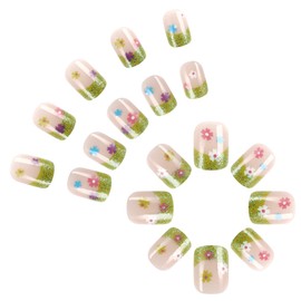 Spring Press on Nails Short Square Fake Nails Green French Tip Nails Press ons Nude False Nails with Flower Glitter Designs Glossy Glue on Nails Cute Acrylic Nails Stick on Nails for Women 24Pcs