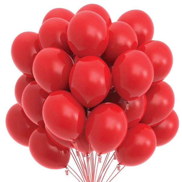 Prextex 75 Red Party Balloons 12 Inch Red Balloons with Matching Color Ribbon for Red Theme Party Decoration, Weddings, Baby Shower, Birthday Parties Supplies or Arch Décor - Helium Quality