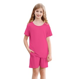Umeyda Girls Pajamas 2 Piece Pjs Set Sleepwear Cozy Pajamas Short Sleeve Pajama Sets, Hot Pink, 11-12 Years