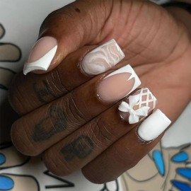 White French Tip Press on Nails Medium Square Fake Nails French Glossy Bow False Nail with White Glitter Design Nude Pink Acrylic Nails Full Cover Artificial Glue on Nails for Women DIY 24Pcs