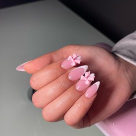Light Pink French Tip Press on Nails Short Pointy Fake Nails Glossy Almond Nails White French Pink Bow False Nails Full Cover Stick on Nails Acrylic Artificial Nails for Women Nail Decorations 24Pcs