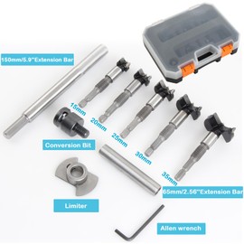 YUENTOEN 5Pcs Forstner Drill Bit Set, 15-35mm Carbide Forstner Bits with Extension Bar and Woodworking Limiter, Woodworking Hinge Cutter Tools with Storage Case for Wood Plywood Hard Wood MDF