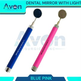 Set of 2 Dental Mouth Mirror Handles with Mirror Heads #4 + #5 - with LED Light - Teeth, Oral Cavities, Examination Mouth Mirrors (Blue + Pink)