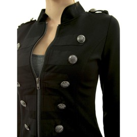 AmélieBoutik Women Zip Front Stand Collar Military Light Jacket (Black X-Large)