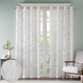 Madison Park Botanical Sheer Curtains for Bedroom, Modern Contemporary Linen Grommet Living Room, Nature Summer Fashion Panel, 50x63, Tropical White