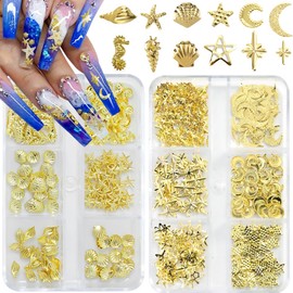 Auiremrti Gold Nail Charms, 2 Boxes Gold Star Ocean Nail Gem Charms, Mini Metal Star Moon Shell Starfish Summer Charms for Acrylic Nail Art, DIY Accessories