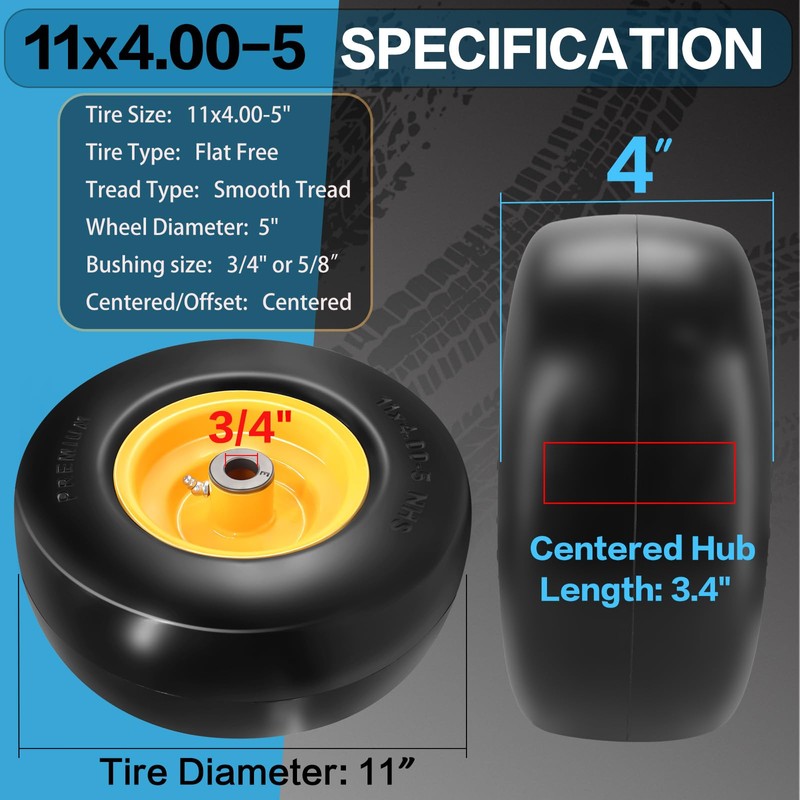 11x4.00-5" Lawn Mower Tire Flat Free Smooth Tires with 3/4"
