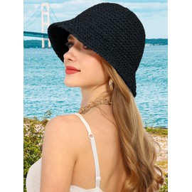 Rulala Fancy Womens Sun Hat Handmade Straw Bucket UV Protection Wide Brim Packable Travel Beach Cap for Summer UPF 50+(Black)