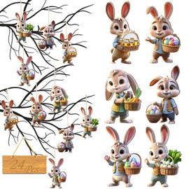 Colingmill 24 Pcs Easter Ornaments Wooden Hanging Bunny Vintage Spring Tree Decorations 3D Happy Bunny Ornament Rustic Wood Cutouts Farmhouse Hanging Ornament with Rope for Home Easter Party