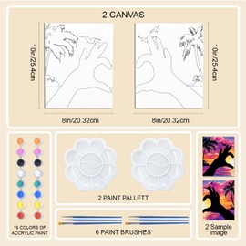 WEBEEDY 2 Packs Sunset Sip and Paint Kit for Adults Couples, 8x10'' Heart Shaped Hands Pre Drawn Canvas for Painting, Date Night Art Party Supplies Valentine's Day Anniversary Wedding Gift Home Decor