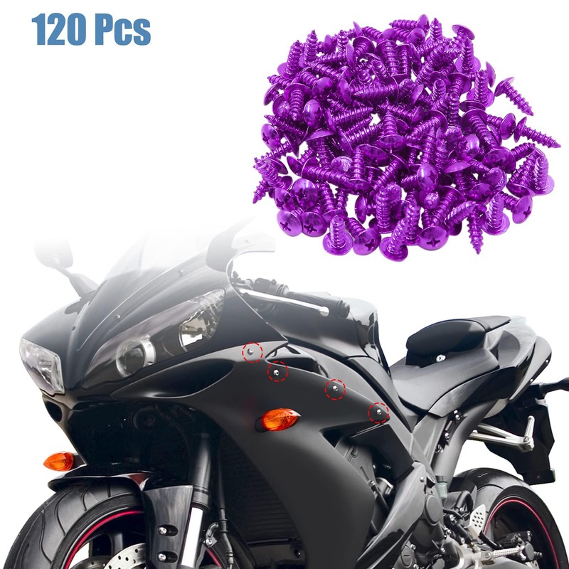 120pcs Purple Metal Motorcycle Round Cross Head Self Tapping Bolts