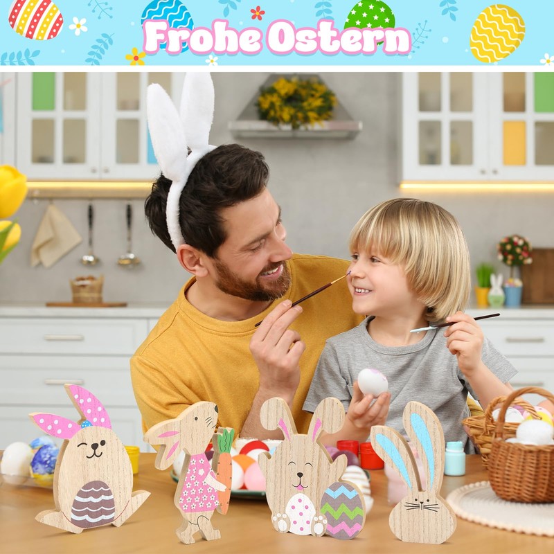 LIHAO 4 x Rabbit Decoration Set Easter Bunny Wooden Easter