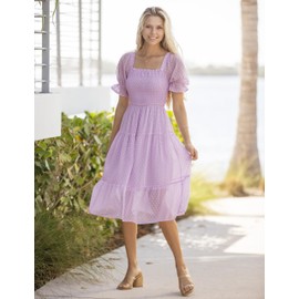 MEROKEETY Women's 2025 Summer Boho Square Neck Smocked Solid Color A Line Beach Midi Dresses, Lightpurple, XL