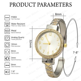 Blekon Collections Womens 32mm Case Plaided Designed Rhinestone Cuff Bangle Watch (Two-Tone)