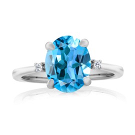 Gem Stone King 925 Sterling Silver 10X8MM Oval Swiss Blue Topaz and White Topaz Ring For Women (3.24 Cttw, Gemstone Birthstone, Available In Size 5, 6, 7, 8, 9)