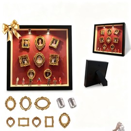 DIY Mini Museum Kit, Lighted Shadow Box with Sliding Panel & 8 Gold Frames