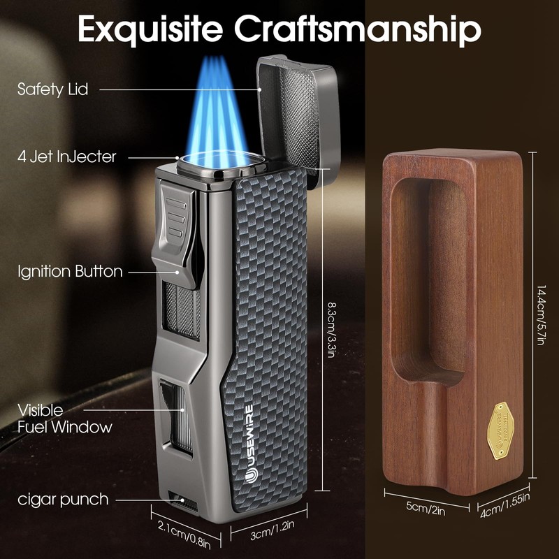 USEWIRE Cigar Lighter and Ashtray Set, Quad Windproof Jet Flame,