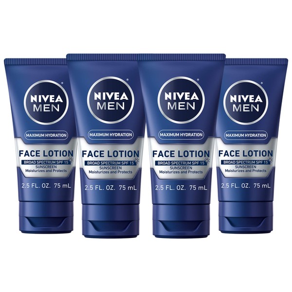 NIVEA MEN Maximum Hydration Face Lotion, Face Lotion with Broad Spectrum SPF 15 Sunscreen for Men, 4 Pack of 2.5 Fl Oz Tubes