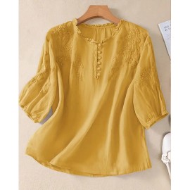 Loose Women's Summer Tops Casual Shortsleeved Large Size Shirts with Embroidery Breathable Shirts for WomenColor: Rose, Size: L