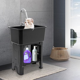 Utility Sink Laundry Tub Sink Freestanding Plastic Laundry Sink for Laundry Room, Garage, Garden, Basement, Indoor Outdoor Basement Wash Tub with Faucet, Washboard, Storage Shelf, Pipe (Black)