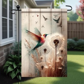 Starlit Patio Hummingbird Garden Flag 12x18 Inch Double-Sided Rustic Dandelion Yard Banner Spring Garden Flag Summer Seasonal Yard Flag Outdoor Lawn Porch Decor Vintage Wooden Garden Decoration