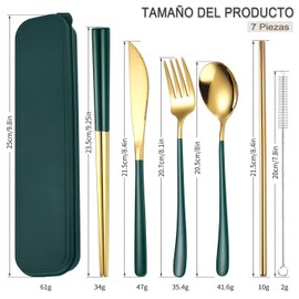 Juego de Cubiertos de Acero Inoxidable de 7 Piezas en 1, Juego de Cubiertos Dorados, Set de Cubiertos Portatiles con Cuchillo, Cuchara, Tenedor, Palillos, Pajitas, Aptas para el Lavavajillas (Verde)